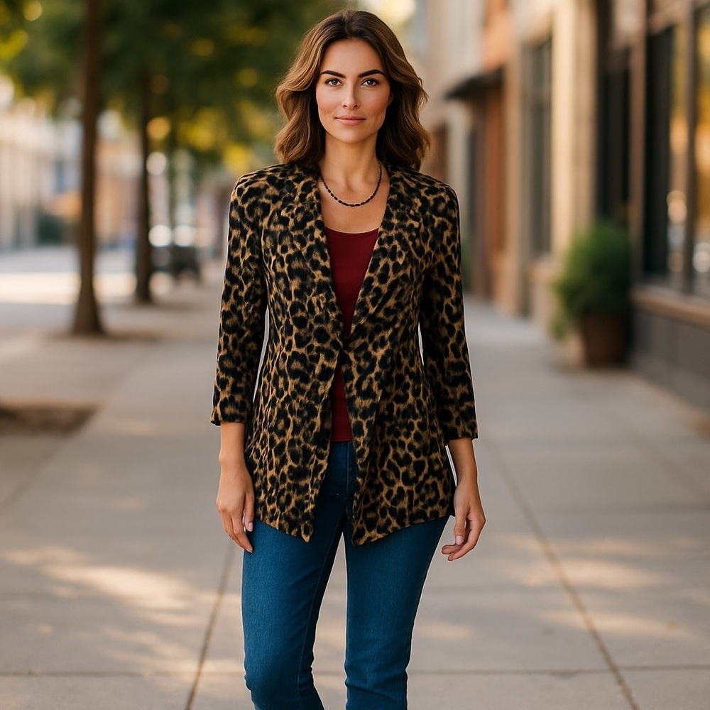 Calvin Klein Animal Print Ruffled Jacket Tan Black 4 Small